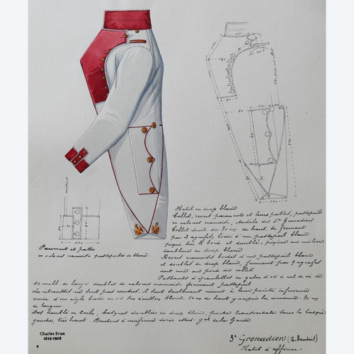 Charles BRUN 1825-1908 Uniforme da ufficiale granatiere olandese, disegno, Napoleone, Impero