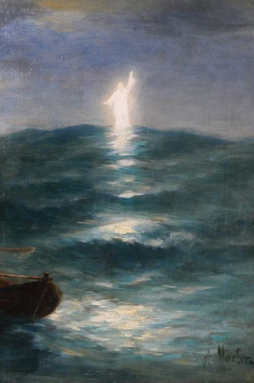 Antoine MORLON 1834-1913 Christus der Erlöser, Gemälde, Salon, 1887, Schiff, Meer, Religion