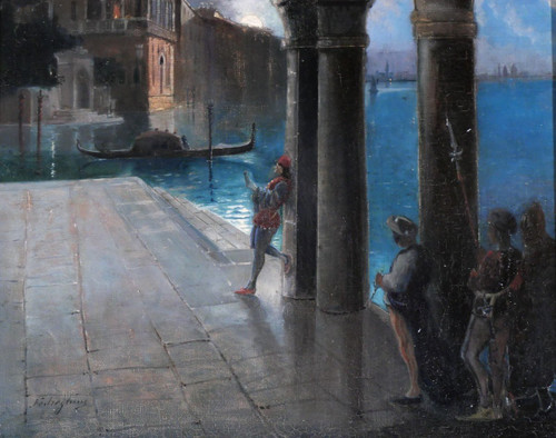 Guino Fedreghini 1861-1945 Venice, night scene, painting, 1888