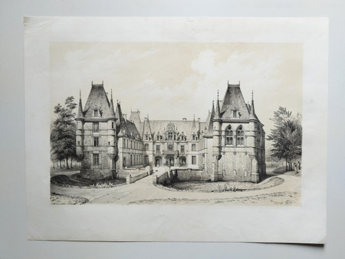 French Castle Marchais 19th Century Lithograph By Victor Petit Old Print