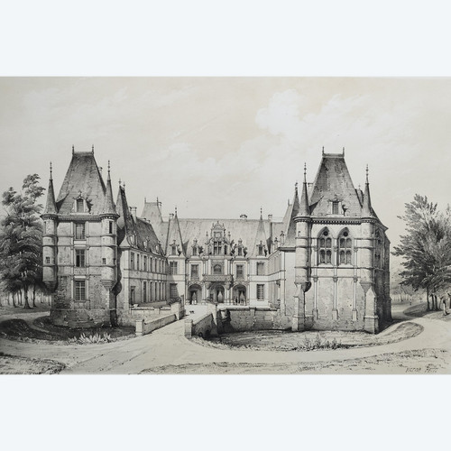 French Castle Marchais 19th Century Lithograph By Victor Petit Old Print