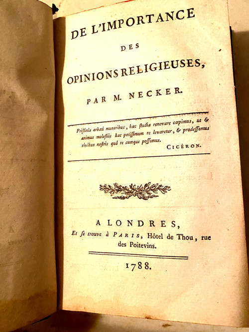 Book Aux Armes de Philippe d'Orléans: the importance of Religious Opinions by Necker, 1788, full red morocco In 8