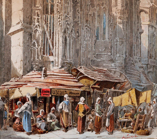 A. CARDINAL, 19th century, Caen, the market, drawing, circa 1880