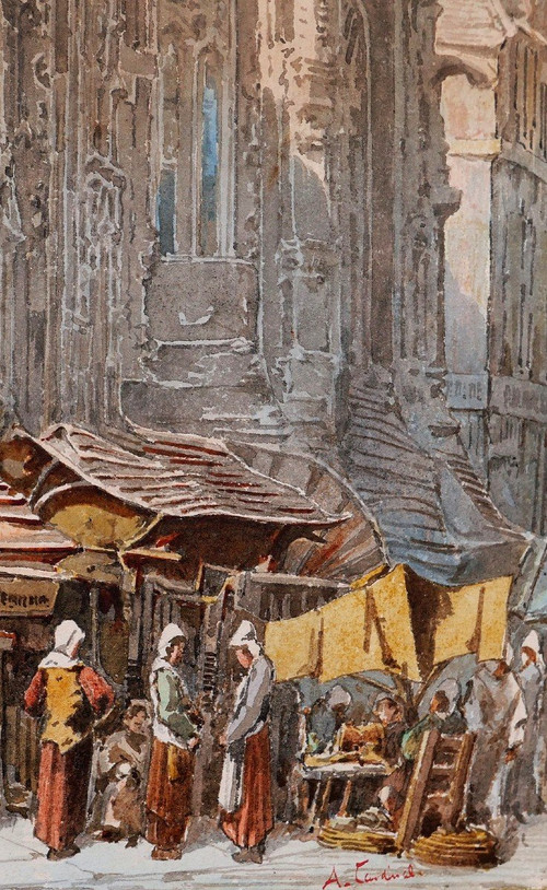 A. CARDINAL, 19th century, Caen, the market, drawing, circa 1880