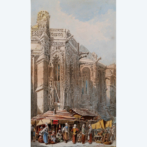 A. CARDINAL, 19th century, Caen, the market, drawing, circa 1880