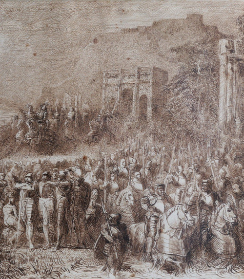 Joseph NAVLET (1821-1889) Scena di trionfo militare con vulcano in eruzione, disegno