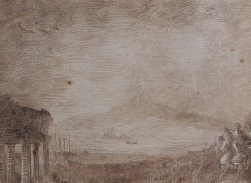 Joseph NAVLET (1821-1889) Scena di trionfo militare con vulcano in eruzione, disegno