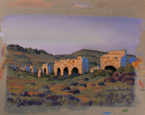 François-Etienne LAHAYE (1878-1949) Provence, Roman aqueduct (Barbegal?), drawing, circa 1920