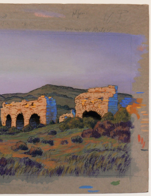 François-Etienne LAHAYE (1878-1949) Provence, Roman aqueduct (Barbegal?), drawing, circa 1920