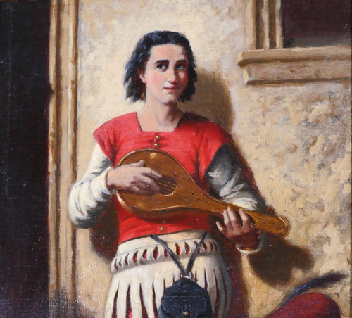 Troubadour school circa 1850, the mandolin player, painting