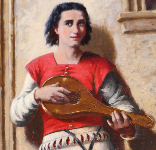 Troubadour school circa 1850, the mandolin player, painting