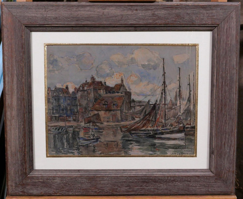 Léon LECLERC 1866-1930 Honfleur, veduta del porto e della Luogotenenza, acquerello