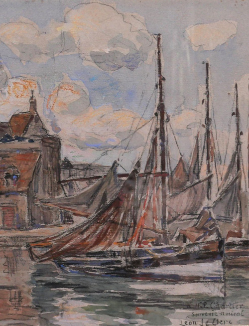 Léon LECLERC 1866-1930 Honfleur, veduta del porto e della Luogotenenza, acquerello