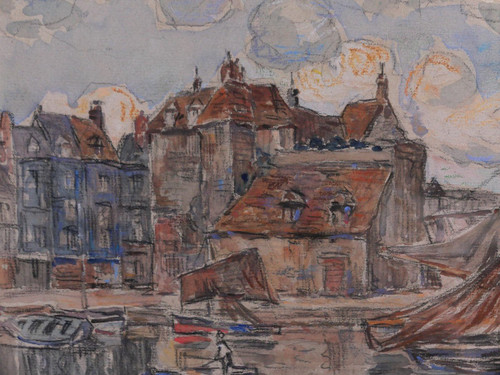 Léon LECLERC 1866-1930 Honfleur, vue du port et de la Lieutenance, aquarelle