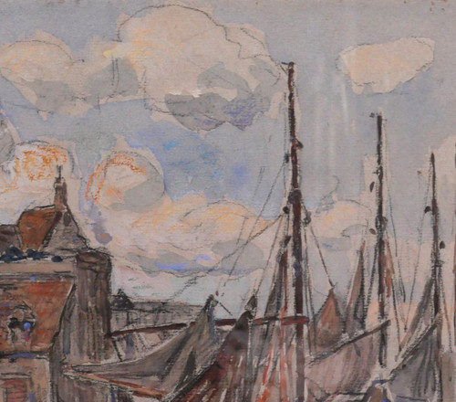 Léon LECLERC 1866-1930 Honfleur, vue du port et de la Lieutenance, aquarelle