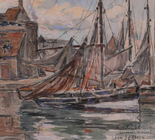 Léon LECLERC 1866-1930 Honfleur, veduta del porto e della Luogotenenza, acquerello