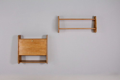 Elm wood secretary and hanging shelf.