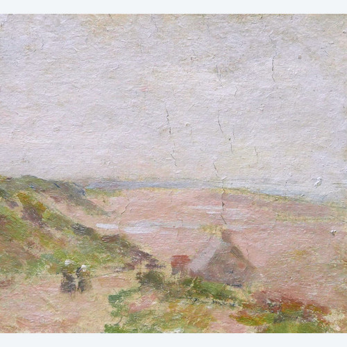 Paul SIEFFERT, Landscape of Brittany with two Breton women and a house on the beach / Sunset on a country path