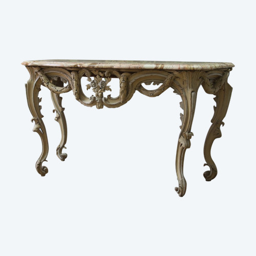 Grande console en tilleul sculpté et rechampi crème d'époque Louis XV