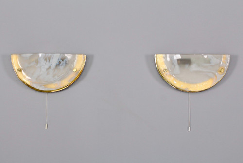 Pair Of Brass And Glass Half-Moon Sconces.