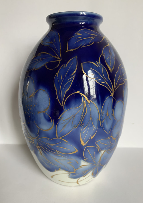 Vaso Camille Tharaud In Porcellana Di Limoges Blu E Oro