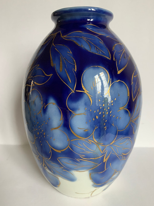 Vaso Camille Tharaud In Porcellana Di Limoges Blu E Oro