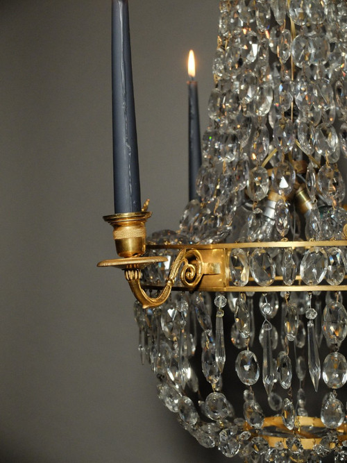 Empire ormolu and crystal basket chandelier