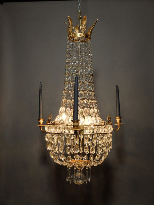 Empire ormolu and crystal basket chandelier