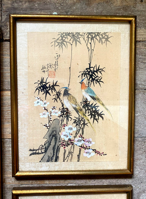 Set of four plus a large Japanese prints on rice paper 19th