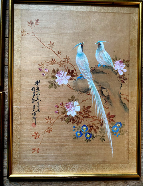 Set of four plus a large Japanese prints on rice paper 19th