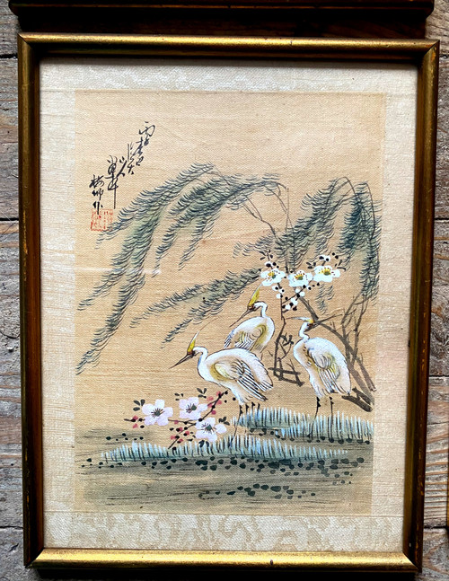 Set of four plus a large Japanese prints on rice paper 19th