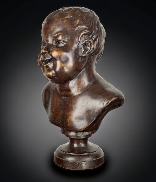 SCULTURA / Busto in legno scolpito del XIX secolo di PUTTI (ANGE RIEUR) alto 40 CM