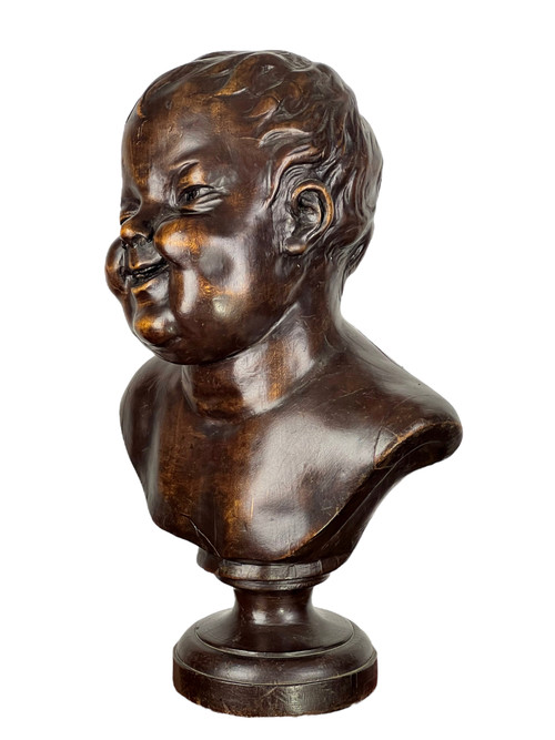 SCULTURA / Busto in legno scolpito del XIX secolo di PUTTI (ANGE RIEUR) alto 40 CM