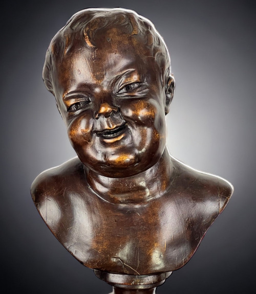 SCULTURA / Busto in legno scolpito del XIX secolo di PUTTI (ANGE RIEUR) alto 40 CM