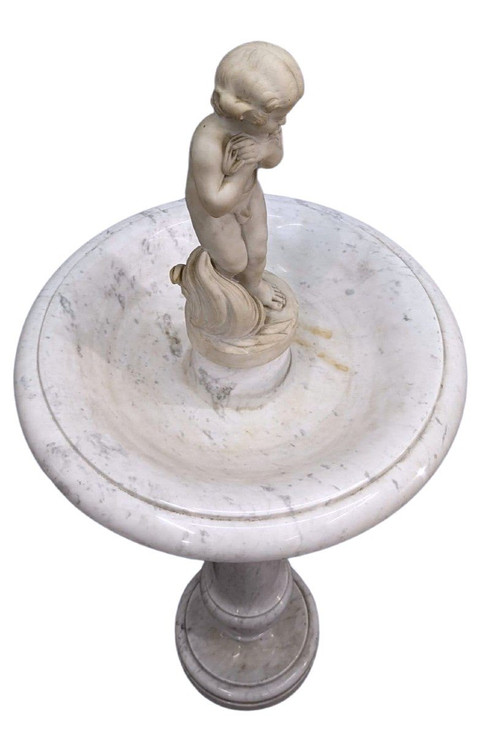 Antique Bird Fountain 1900 In Carrara Marble