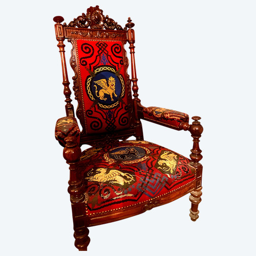 Important Napoleon III Renaissance-style armchair in rosewood upholstered with petit point tapestry.