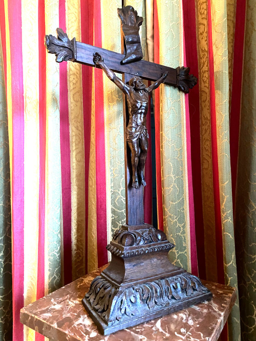 Large carved oak crucifix with patina 17th century regional folk art work