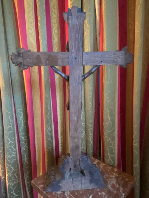 Large carved oak crucifix with patina 17th century regional folk art work