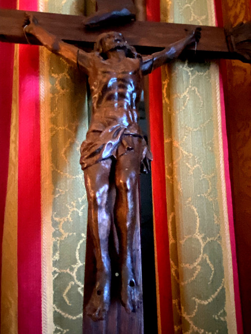 Large carved oak crucifix with patina 17th century regional folk art work