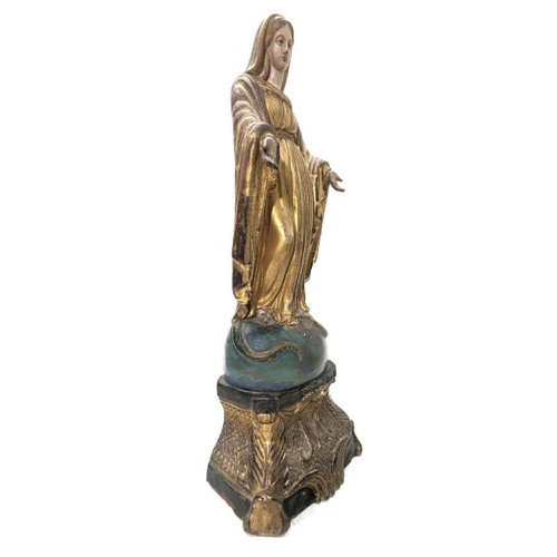 Sculpture De La Vierge En Terre Cuite XIXème Dorée à l'Or