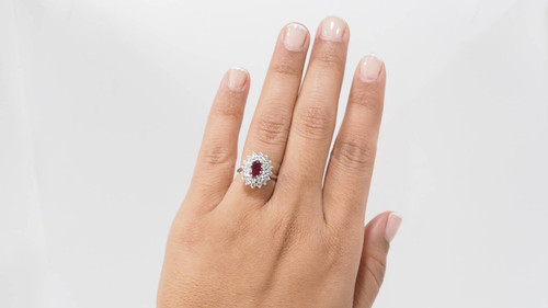 Double-encircled ring in white gold, rubies and diamonds