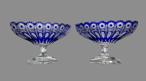 PAIR OF BOHEMIAN CUT CRYSTAL BLUE PEDESTAL GOBLETS