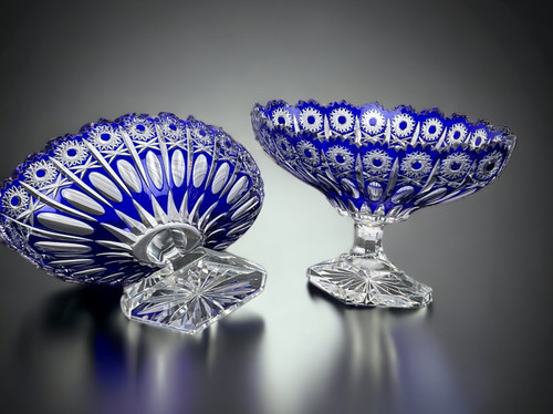 PAIR OF BOHEMIAN CUT CRYSTAL BLUE PEDESTAL GOBLETS