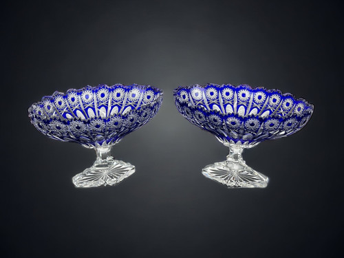 PAIR OF BOHEMIAN CUT CRYSTAL BLUE PEDESTAL GOBLETS