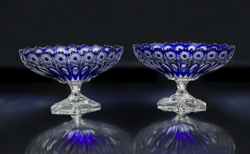 PAIR OF BOHEMIAN CUT CRYSTAL BLUE PEDESTAL GOBLETS