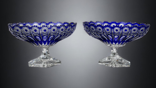 PAIR OF BOHEMIAN CUT CRYSTAL BLUE PEDESTAL GOBLETS