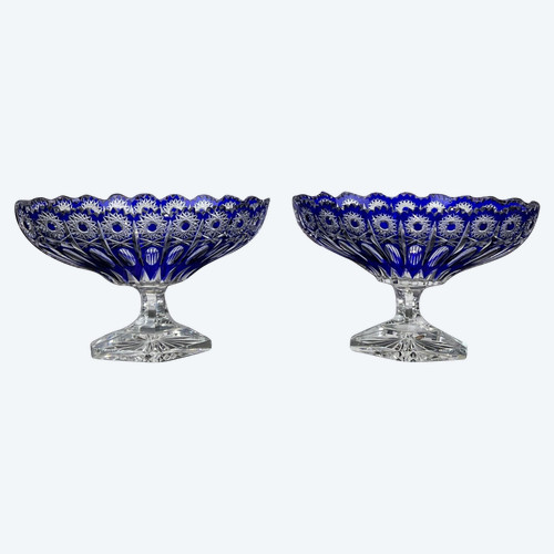 PAIR OF BOHEMIAN CUT CRYSTAL BLUE PEDESTAL GOBLETS