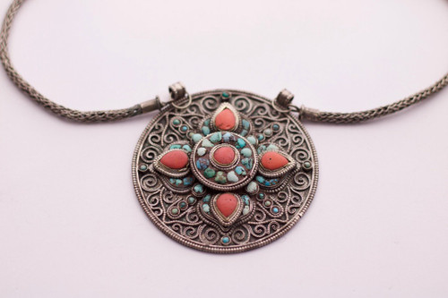 Amulette Pendentif Tibétain Argent Corail Turquoise