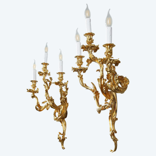 PAIR OF LARGE ORMOLU THREE-LIGHT SCONCES