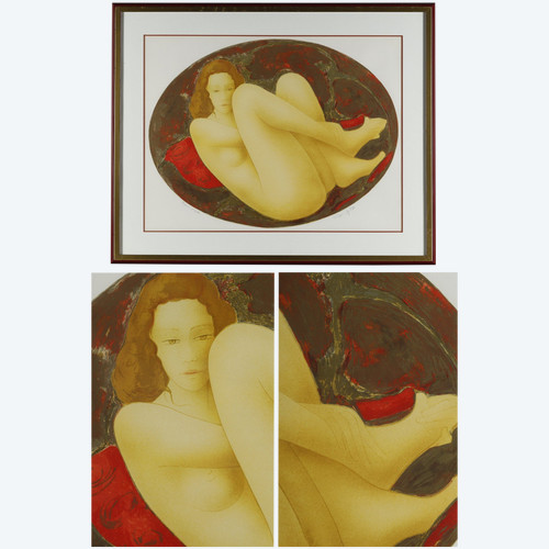 Lithograph by Alain Bonnefoit "NUDE WOMAN LYING ON A BED"